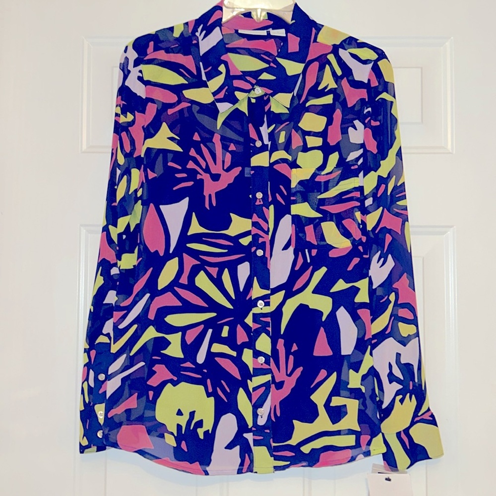 Liz Claiborne Button Up Sheer Abstract Cami Set L NWT Colorful Artsy Neon Bold